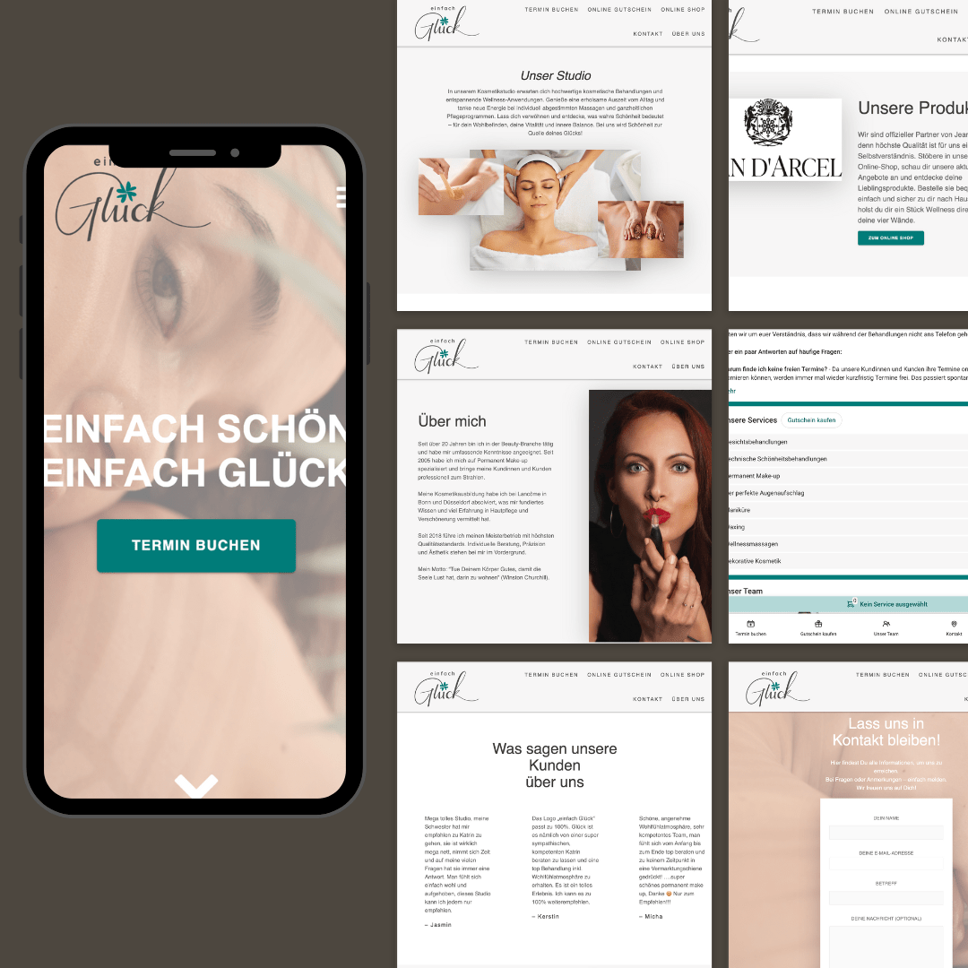 Webdesign Kosmetikstudios. Mokup Von einem Iphone das die Website von einfach-glück.de zeigt.
